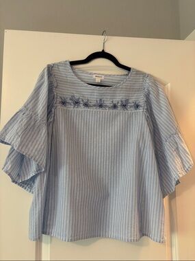 Westport Blue & White Striped Embroidered Ruffle Sleeve Blouse- Size M